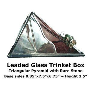 Vintage Glass Trinket Box signed by artist, Triangular PYRAMID leaded glass box